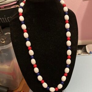Elegant Red, Blue, and White Beaded Necklace